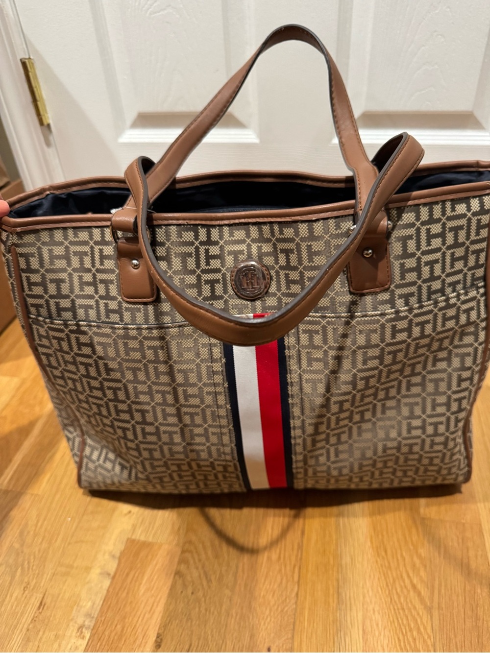 Tommy Hilfiger Beige Monogram Tote with Red, White & Navy Stripe